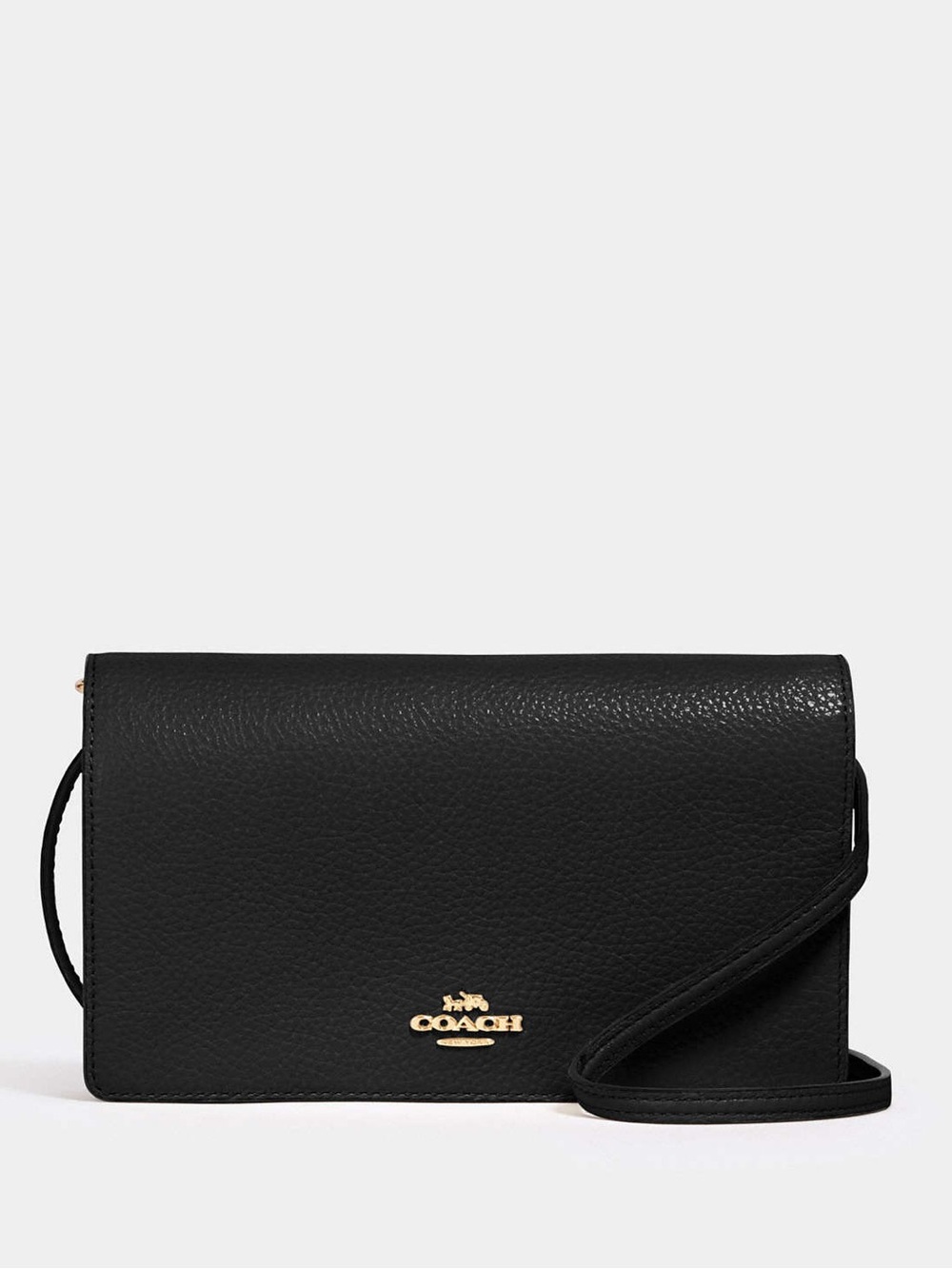 Coach Anna Black Pebbled Leather Crossbody Wallet with Gold Logo